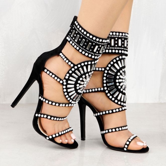 Black Suede Heels with Embellishments. Size 8.5 - Picture 2 of 8